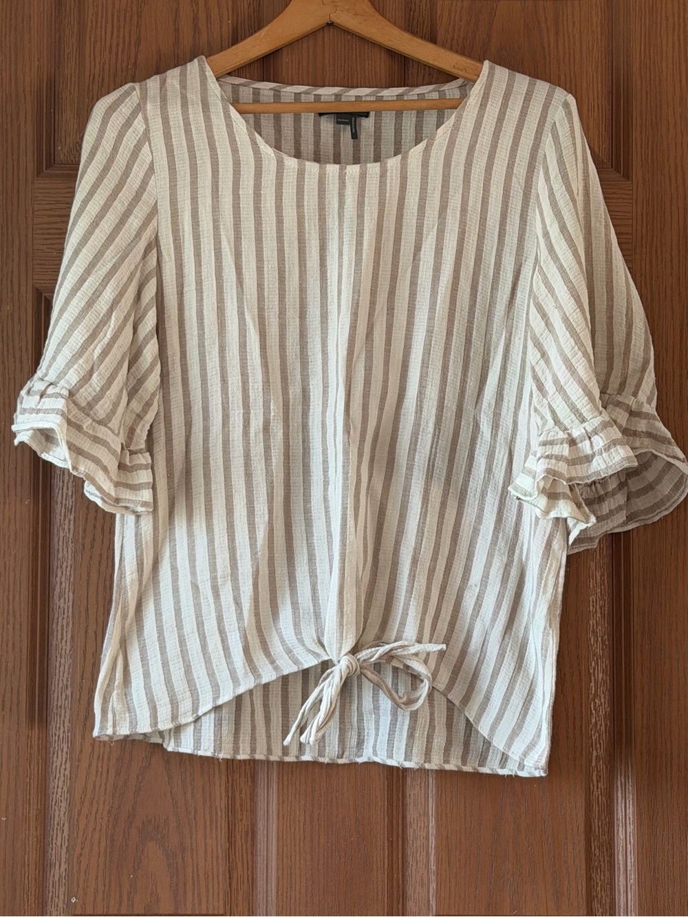 Striped Tie-Front Blouse in Beige and White — Women's Top